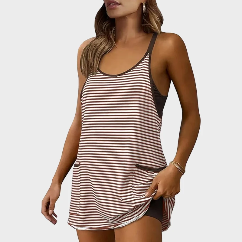 Women's Summer U Neck Sleeveless Striped Mini Dress with Built-in Shorts - Image 11