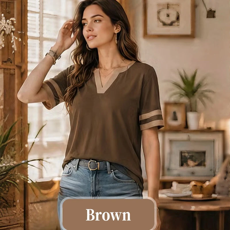 Women's V-Neck Short Sleeve Fitted Cotton Blend Striped Breathable for Daily Wear - Image 10