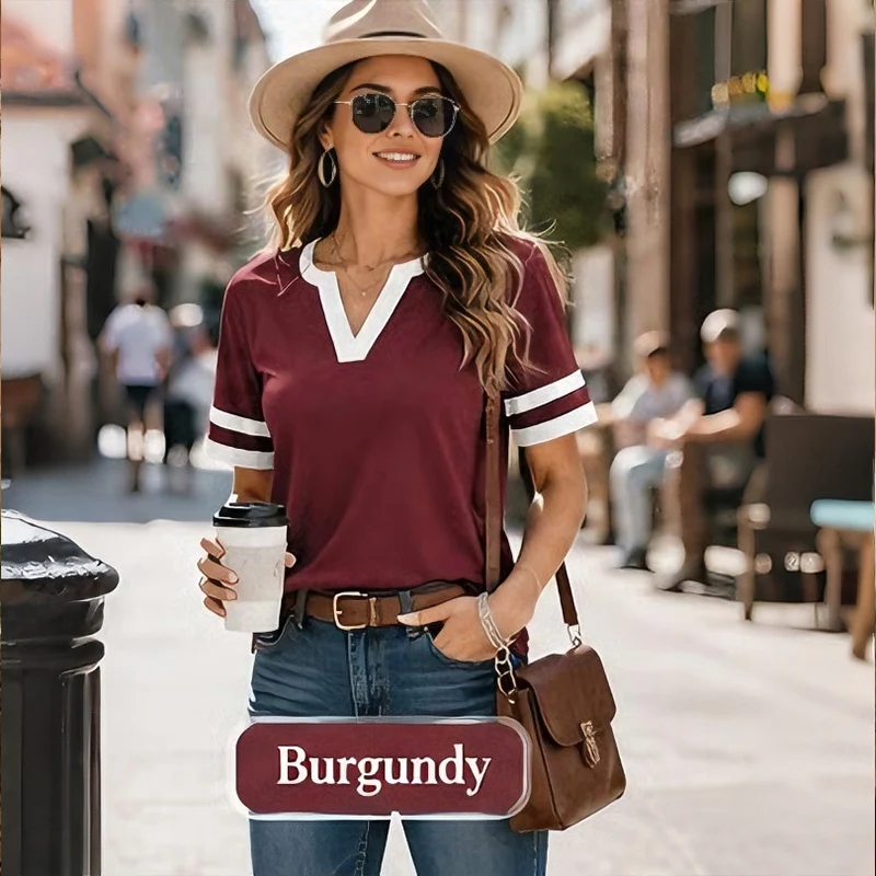 Women's V-Neck Short Sleeve Fitted Cotton Blend Striped Breathable for Daily Wear - Image 11
