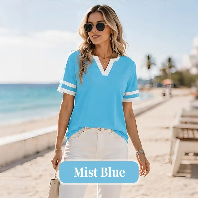 Women's V-Neck Short Sleeve Fitted Cotton Blend Striped Breathable for Daily Wear - Image 12