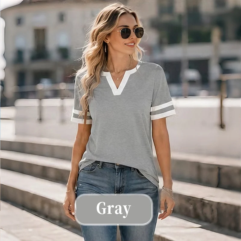 Women's V-Neck Short Sleeve Fitted Cotton Blend Striped Breathable for Daily Wear - Image 13