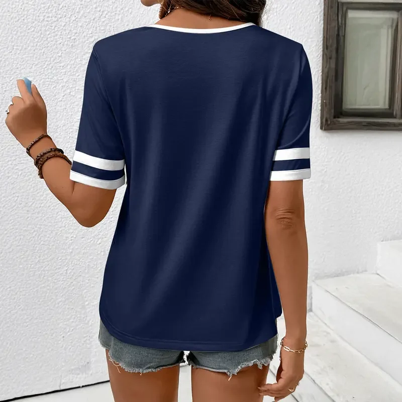 Women's V-Neck Short Sleeve Fitted Cotton Blend Striped Breathable for Daily Wear - Image 4
