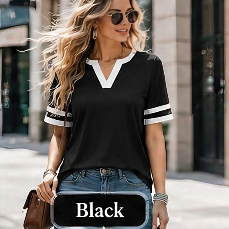 Women's V-Neck Short Sleeve Fitted Cotton Blend Striped Breathable for Daily Wear - Image 5