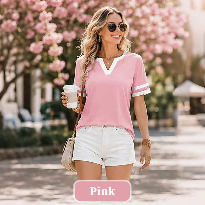 Women's V-Neck Short Sleeve Fitted Cotton Blend Striped Breathable for Daily Wear - Image 6