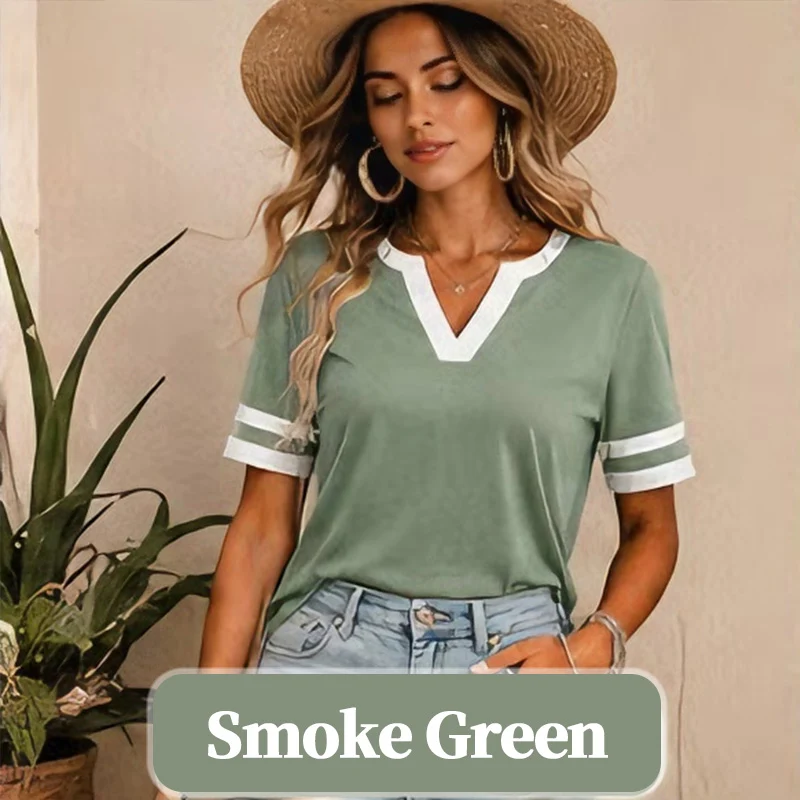 Women's V-Neck Short Sleeve Fitted Cotton Blend Striped Breathable for Daily Wear - Image 7