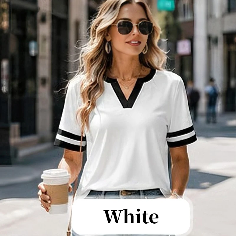 Women's V-Neck Short Sleeve Fitted Cotton Blend Striped Breathable for Daily Wear - Image 8