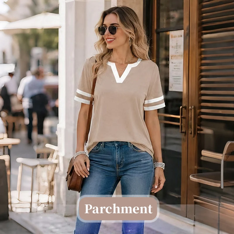 Women's V-Neck Short Sleeve Fitted Cotton Blend Striped Breathable for Daily Wear - Image 9