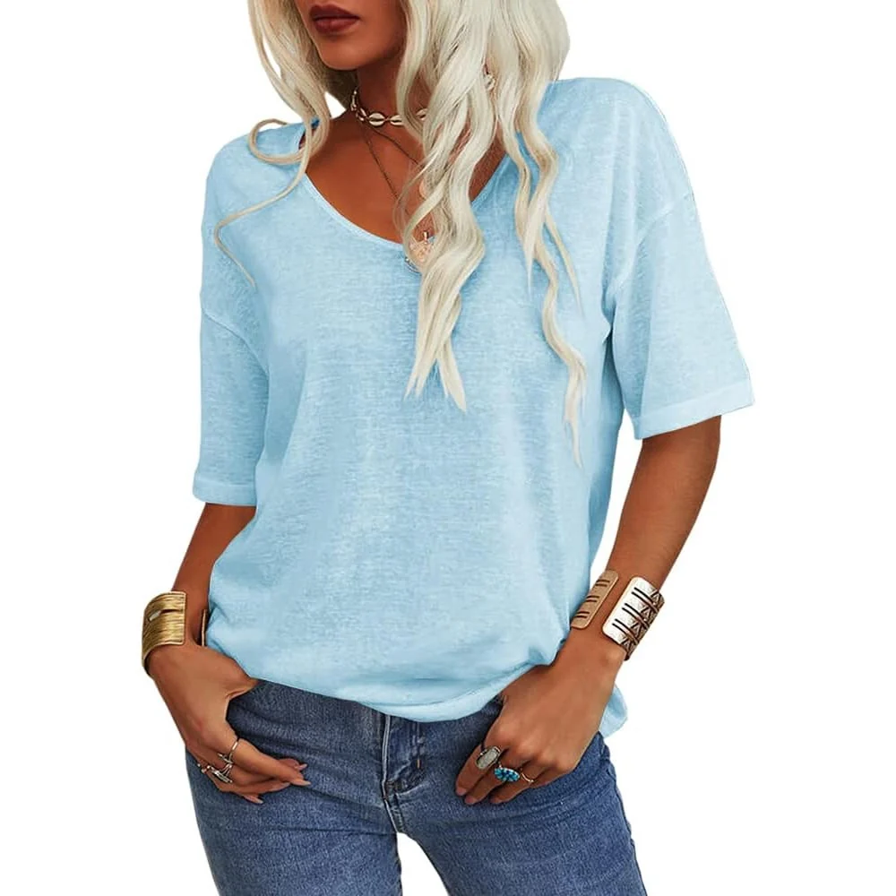 Women's Solid Color V-Neck T-shirt - Image 7