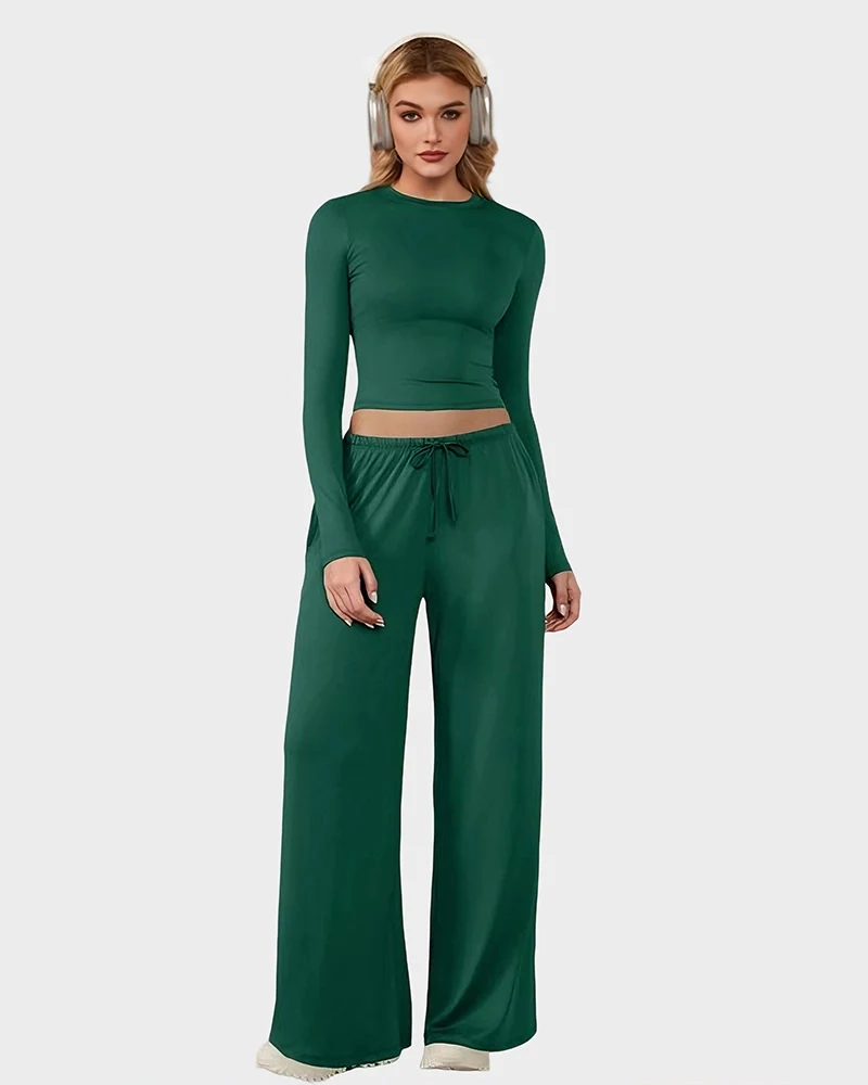 Wide-Leg Lounge Set for Women Stretchy Crop Top & Pants - Image 6