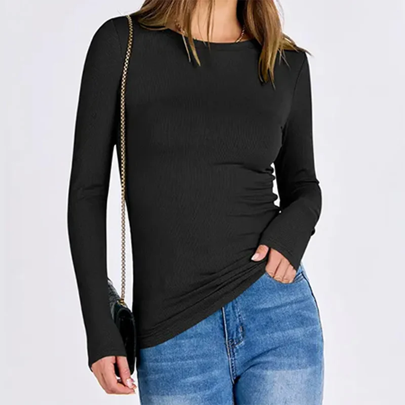 Women Long Sleeve Crewneck Rib Knit Slim Fit Shirts Basic Tee Tops