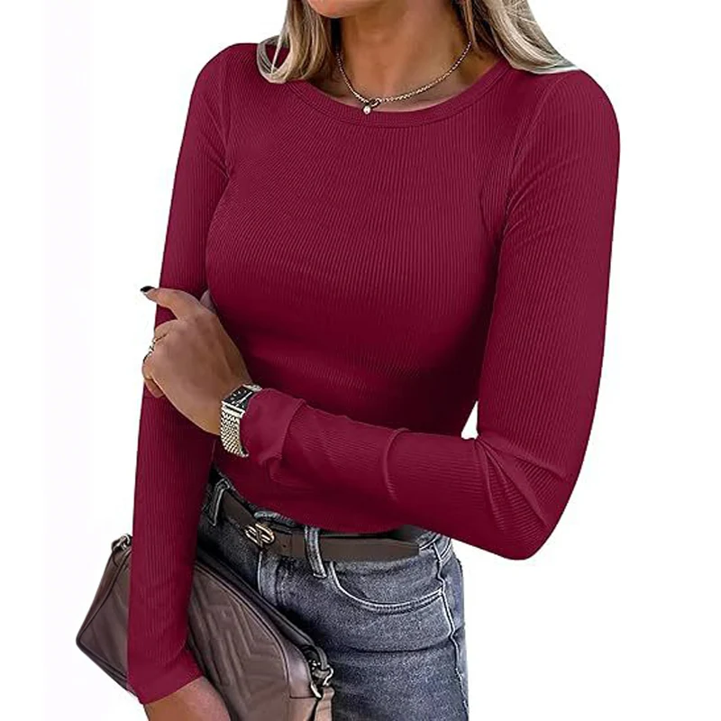 Women Long Sleeve Crewneck Rib Knit Slim Fit Shirts Basic Tee Tops - Image 14