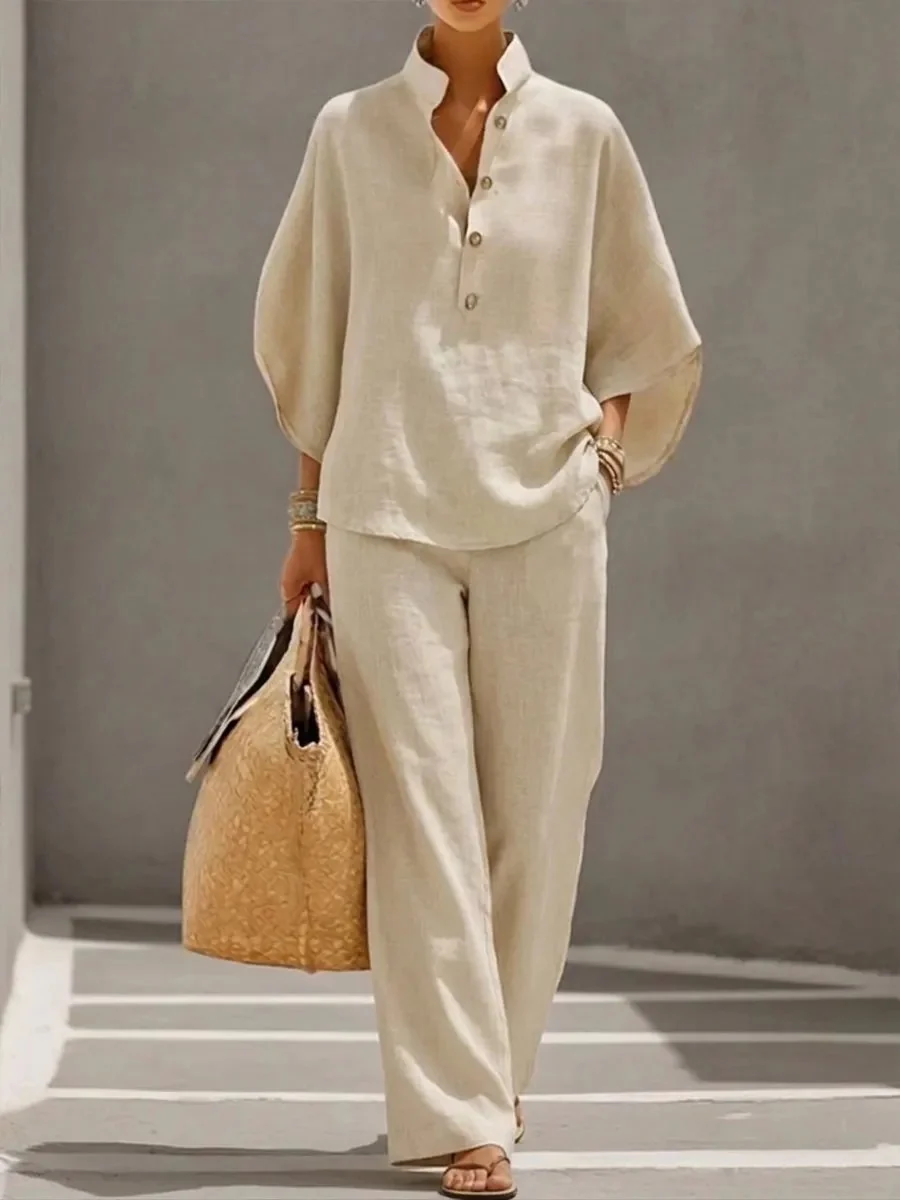 🔥Last Day 50% OFF🔥Women's Batwing Sleeve Two-Piece Set – Casual Shirt & Wide Leg Pants Outfit