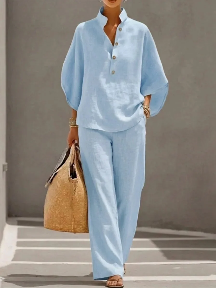 🔥Last Day 50% OFF🔥Women's Batwing Sleeve Two-Piece Set – Casual Shirt & Wide Leg Pants Outfit - Image 2