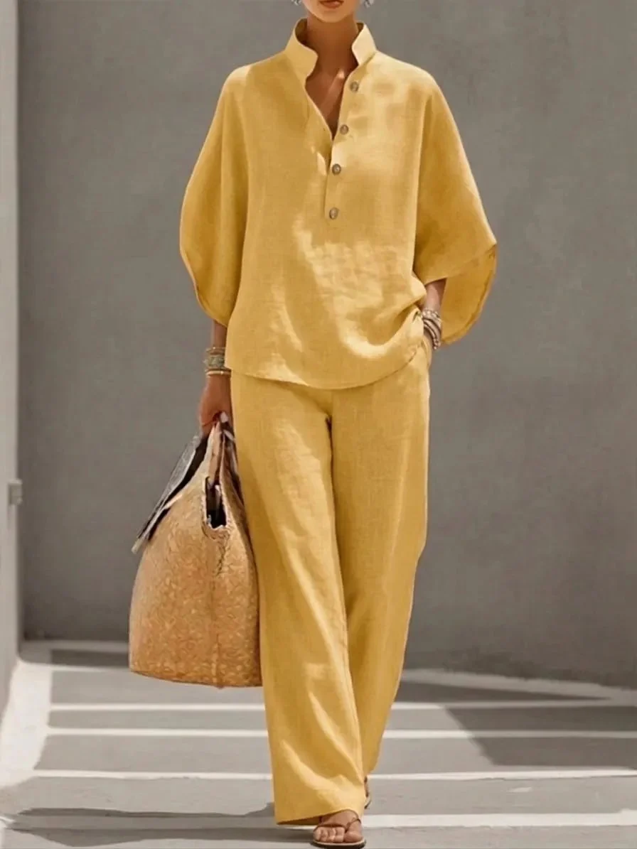 🔥Last Day 50% OFF🔥Women's Batwing Sleeve Two-Piece Set – Casual Shirt & Wide Leg Pants Outfit - Image 4