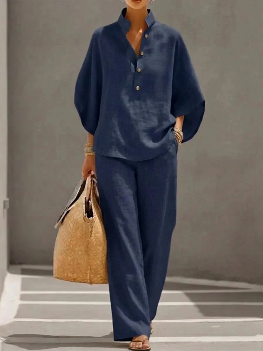 🔥Last Day 50% OFF🔥Women's Batwing Sleeve Two-Piece Set – Casual Shirt & Wide Leg Pants Outfit - Image 5
