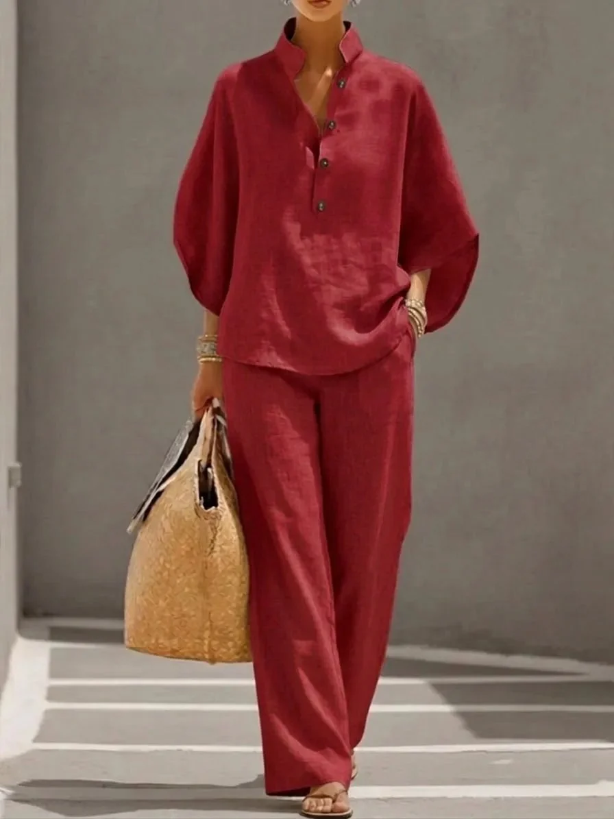 🔥Last Day 50% OFF🔥Women's Batwing Sleeve Two-Piece Set – Casual Shirt & Wide Leg Pants Outfit - Image 6