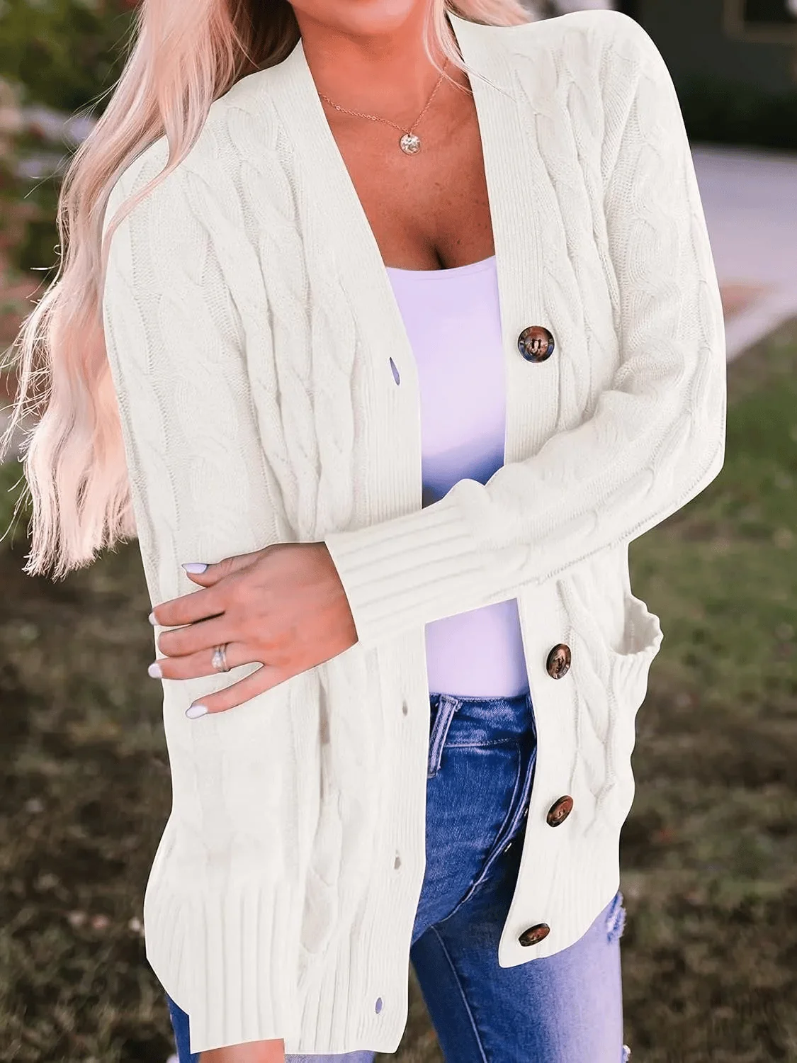 Women's Fall Casual Long Sleeve Button Down Open Front Cable Knit Cardigan