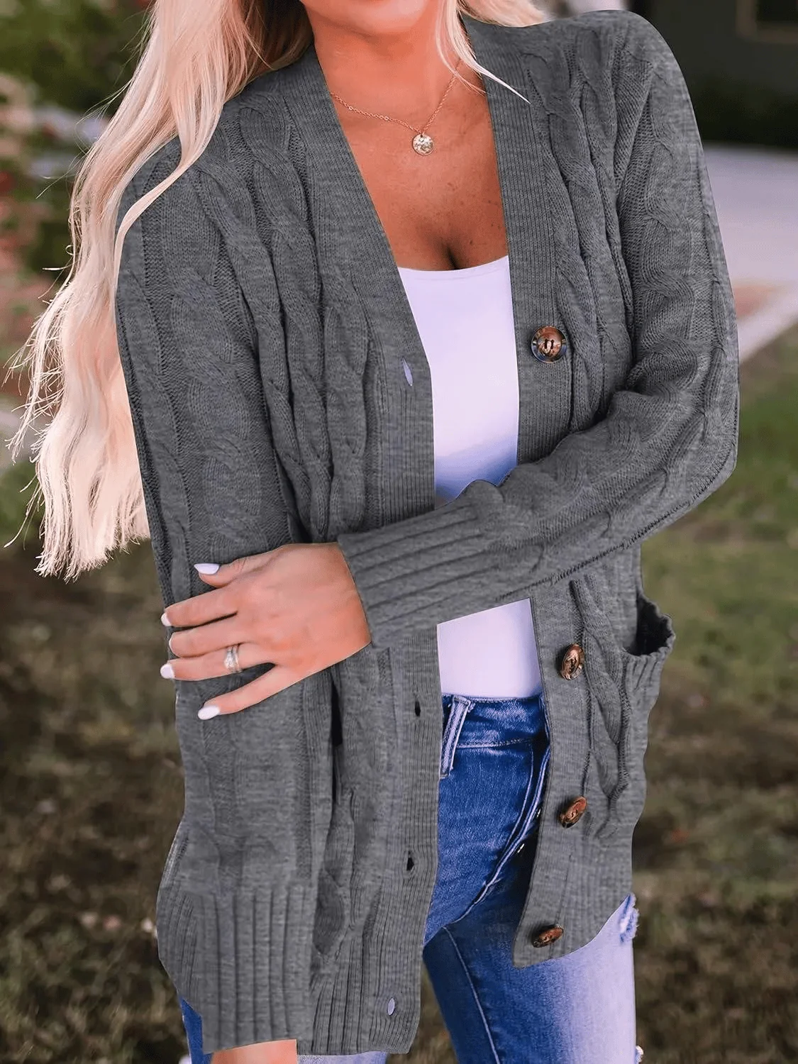Women's Fall Casual Long Sleeve Button Down Open Front Cable Knit Cardigan - Image 10