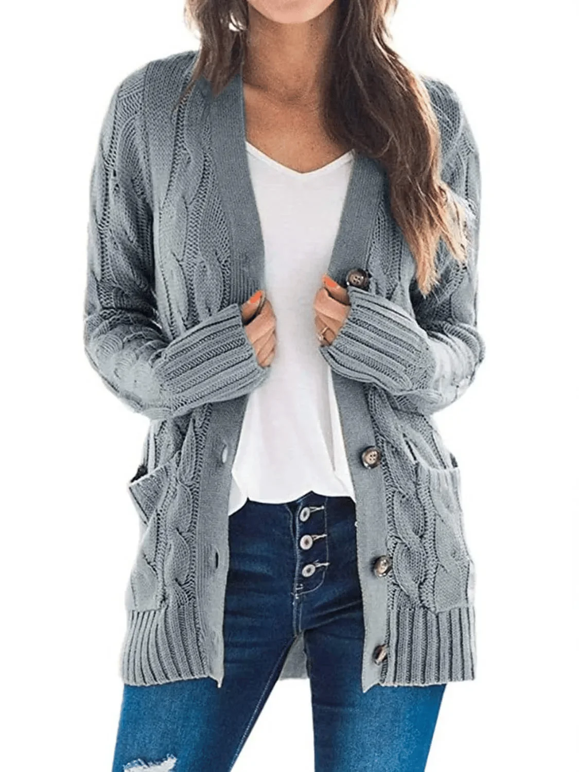 Women's Fall Casual Long Sleeve Button Down Open Front Cable Knit Cardigan - Image 16