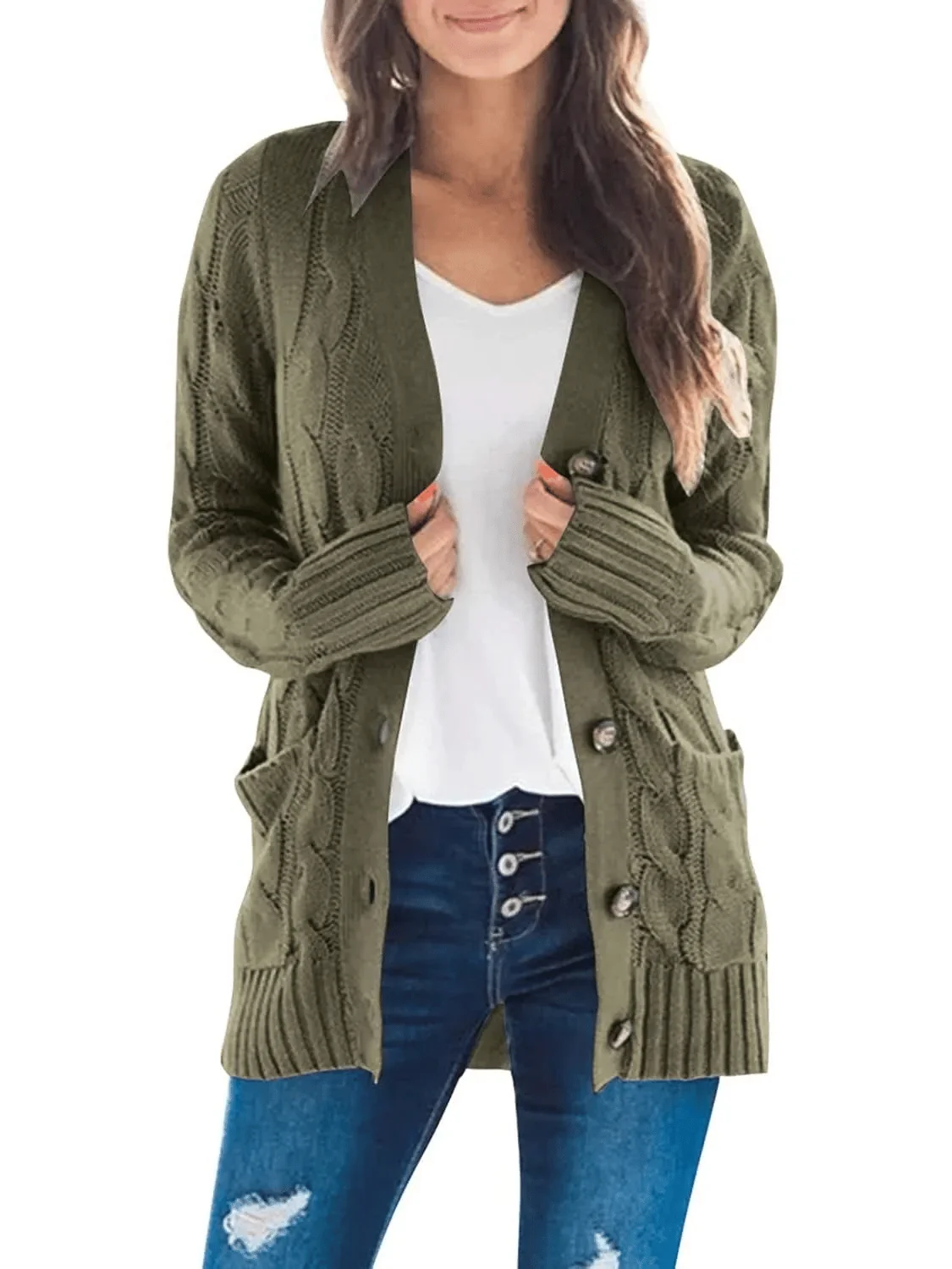 Women's Fall Casual Long Sleeve Button Down Open Front Cable Knit Cardigan - Image 17