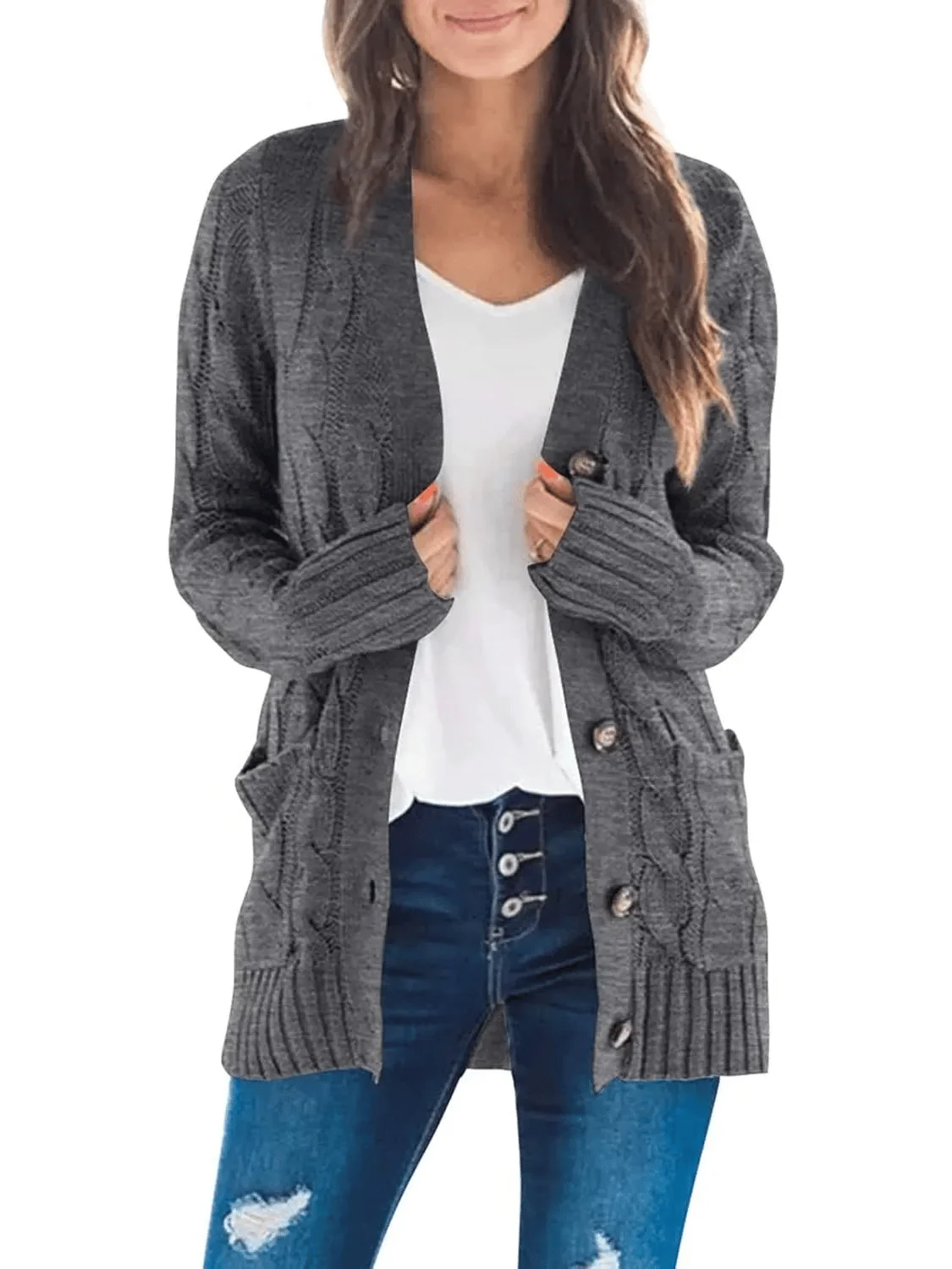 Women's Fall Casual Long Sleeve Button Down Open Front Cable Knit Cardigan - Image 9
