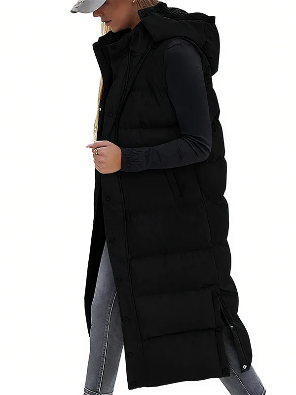 Women's Long Puffer Vest | Quilted Hood & Button Closure - Image 14