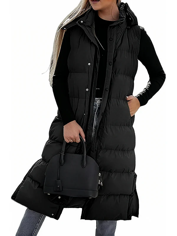 Women's Long Puffer Vest | Quilted Hood & Button Closure - Image 16