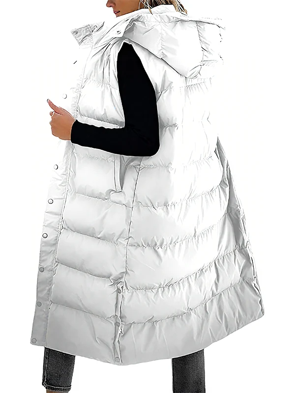 Women's Long Puffer Vest | Quilted Hood & Button Closure - Image 6