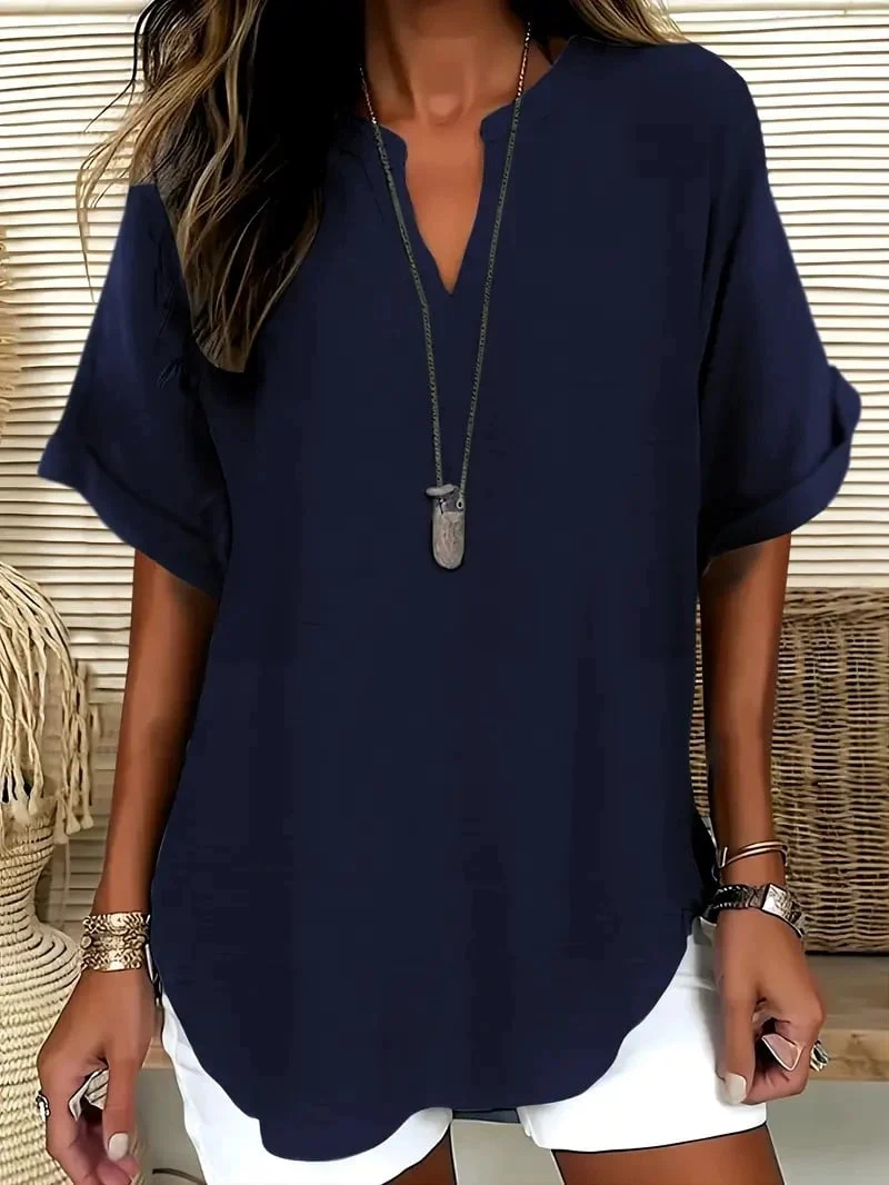 Women's Plain Shortsleeve Blouse, Casual Solid Color Top for Daily Wear, Ladies Clothes for All Seasons - Image 3