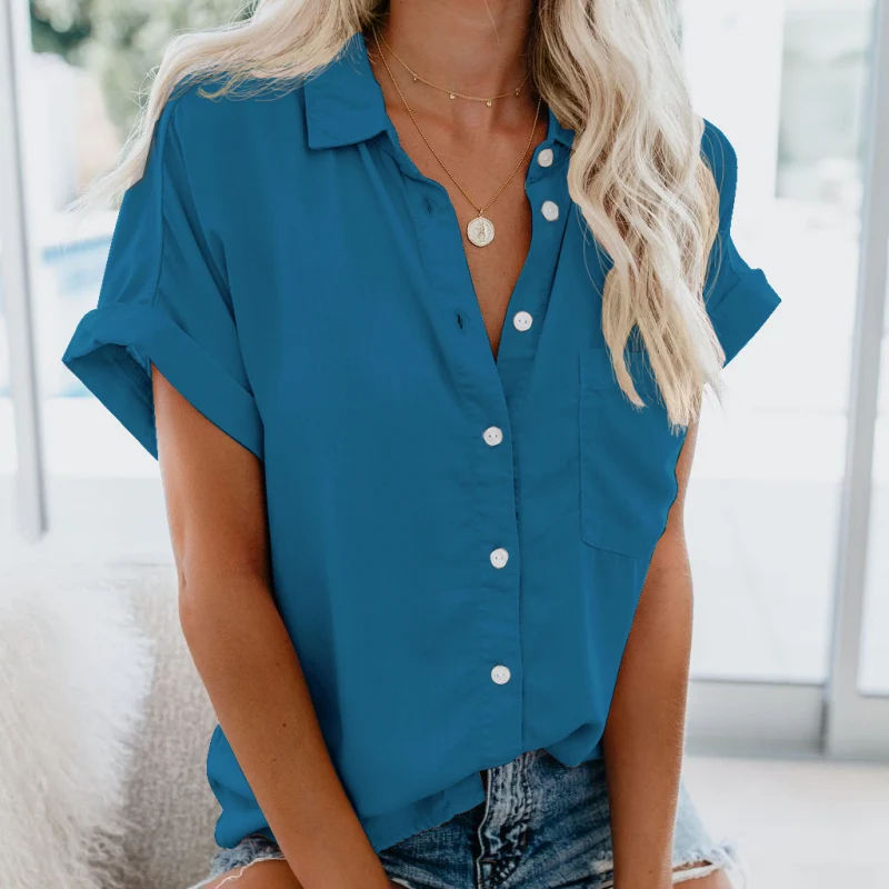 Women's Short Sleeve V Neck Blouse Collared Button Down Casual Work Top - Image 15