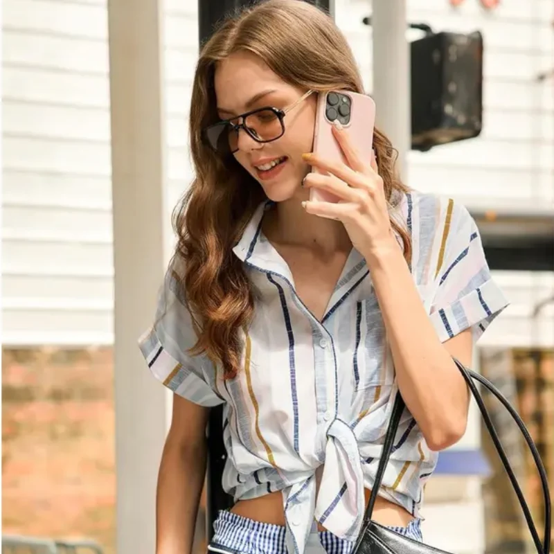 Women's Short Sleeve V Neck Blouse Collared Button Down Casual Work Top - Image 2