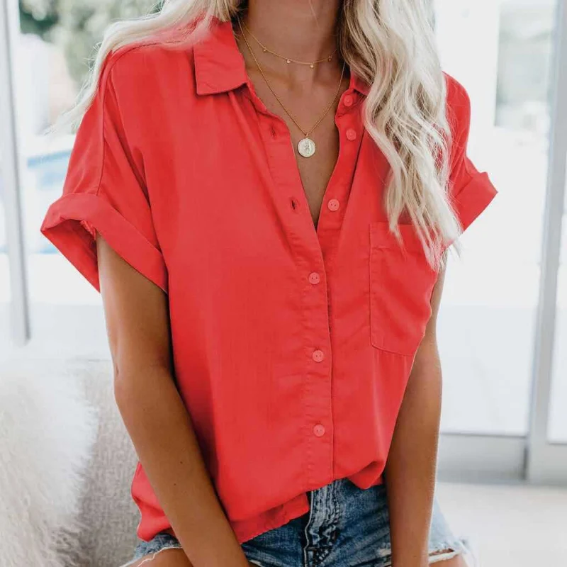 Women's Short Sleeve V Neck Blouse Collared Button Down Casual Work Top - Image 20