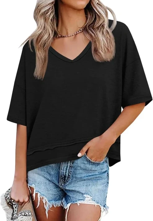 Women's V-neck Mid-length Sleeve Spliced Hem Basic Top - Image 10