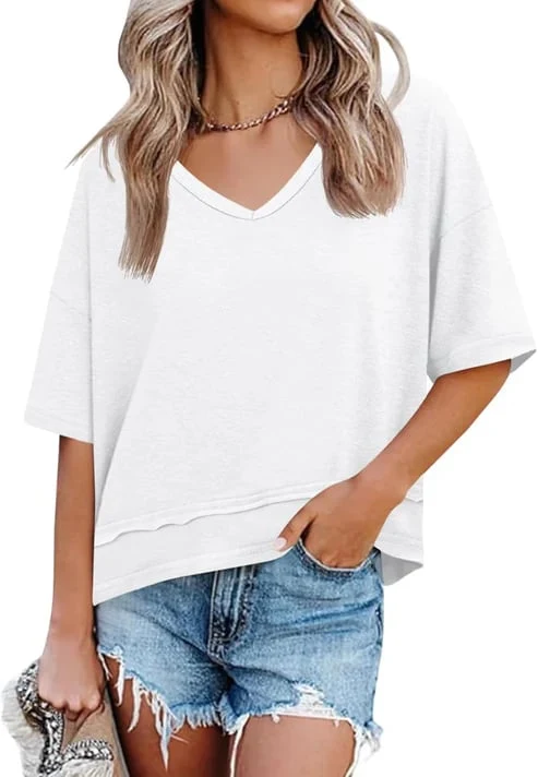Women's V-neck Mid-length Sleeve Spliced Hem Basic Top - Image 12