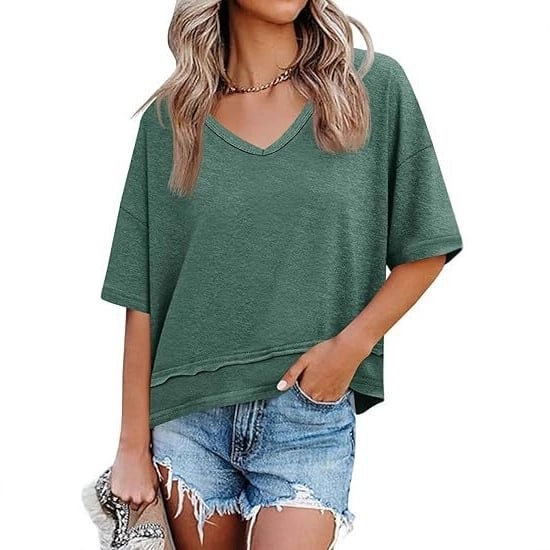 Women's V-neck Mid-length Sleeve Spliced Hem Basic Top - Image 13