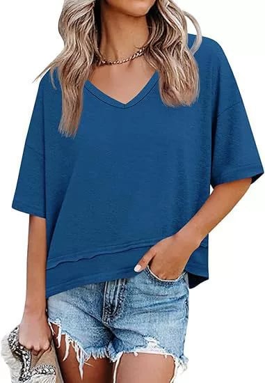 Women's V-neck Mid-length Sleeve Spliced Hem Basic Top - Image 15