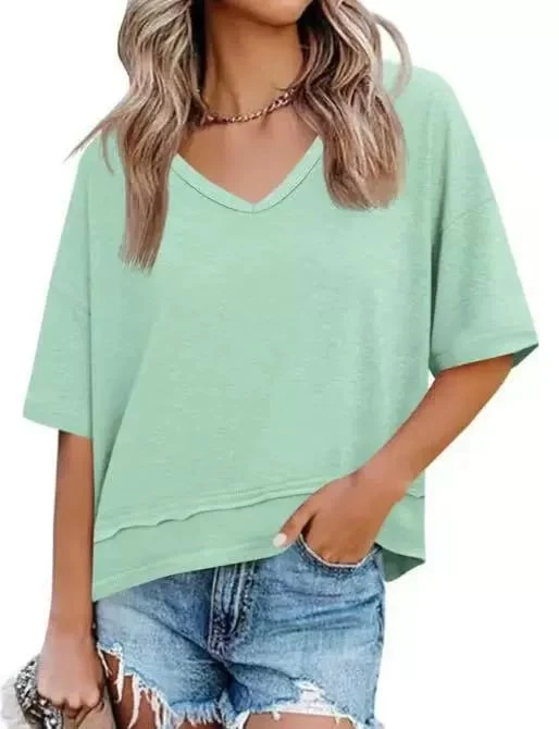 Women's V-neck Mid-length Sleeve Spliced Hem Basic Top - Image 20