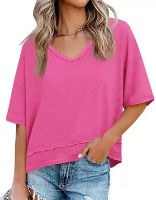 Women's V-neck Mid-length Sleeve Spliced Hem Basic Top - Image 21