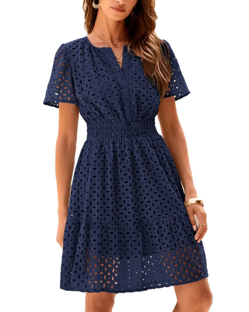 Women V Neck Lace A Line Summer Dress - Image 10