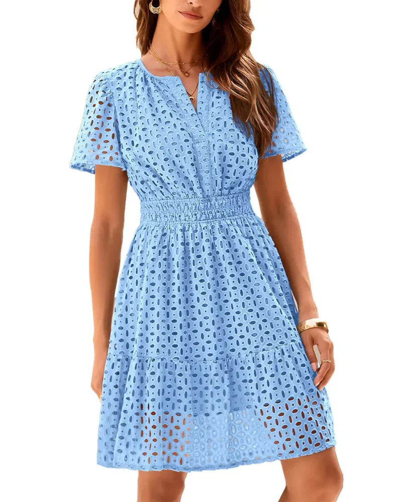 Women V Neck Lace A Line Summer Dress - Image 11