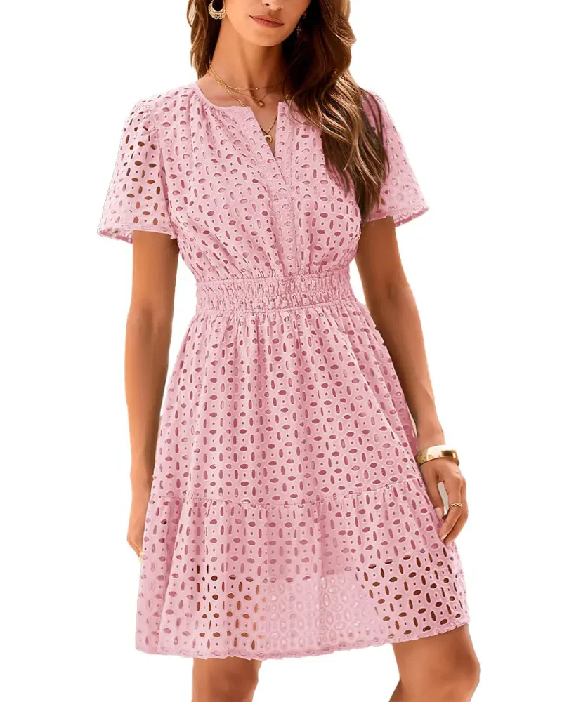 Women V Neck Lace A Line Summer Dress - Image 12