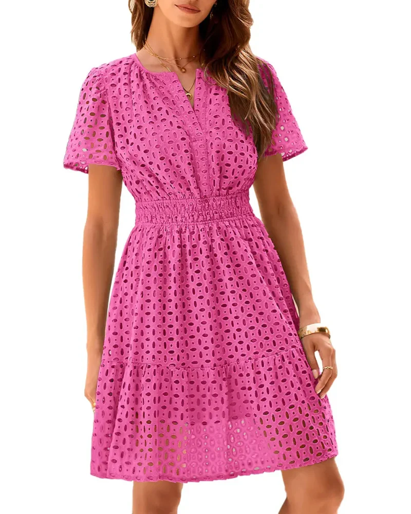 Women V Neck Lace A Line Summer Dress - Image 13