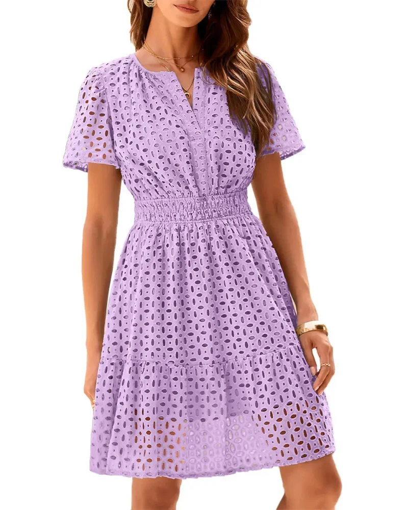Women V Neck Lace A Line Summer Dress - Image 14