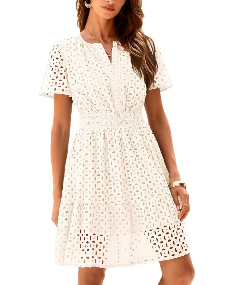 Women V Neck Lace A Line Summer Dress - Image 16