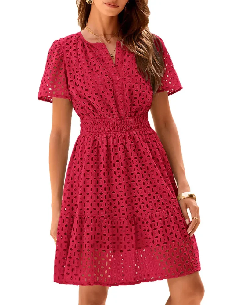 Women V Neck Lace A Line Summer Dress - Image 17