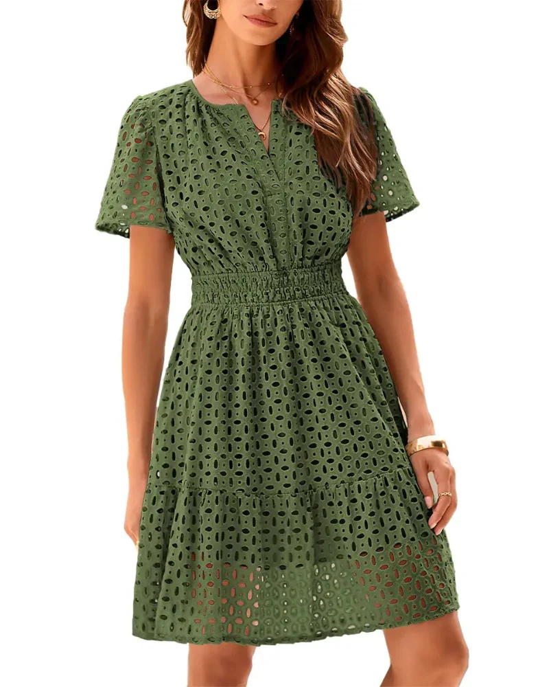 Women V Neck Lace A Line Summer Dress - Image 6