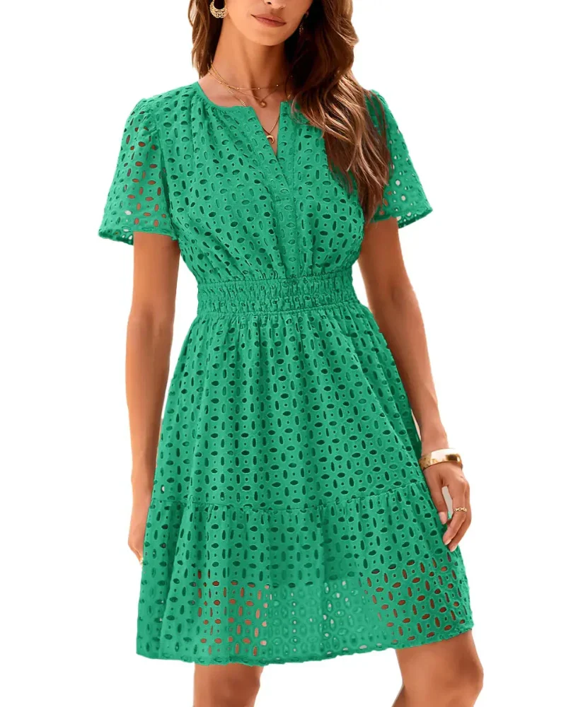 Women V Neck Lace A Line Summer Dress - Image 8