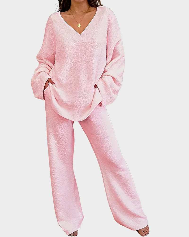 Soft Fuzzy V-Neck Loungewear Set - Image 17