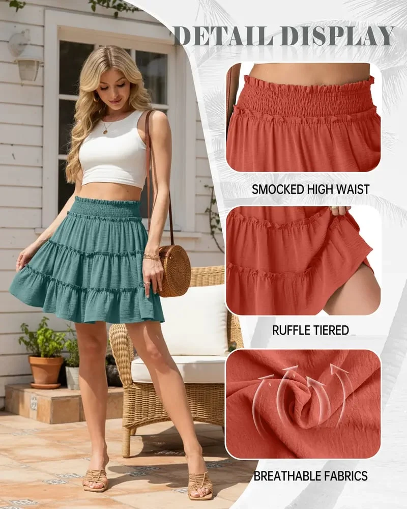 55K+ SOLD!✨🔥Women's Boho Floral Skorts, Flowy Tiered Ruffle Elastic-Waist Bottoms with Built-in Shorts and Pockets, Casual Style - Image 2