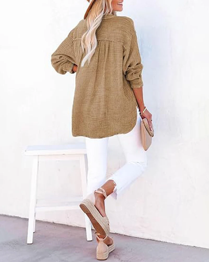 Womens Casual Button V Neck Long Sleeve Shirts Solid Blouses Tops - Image 16